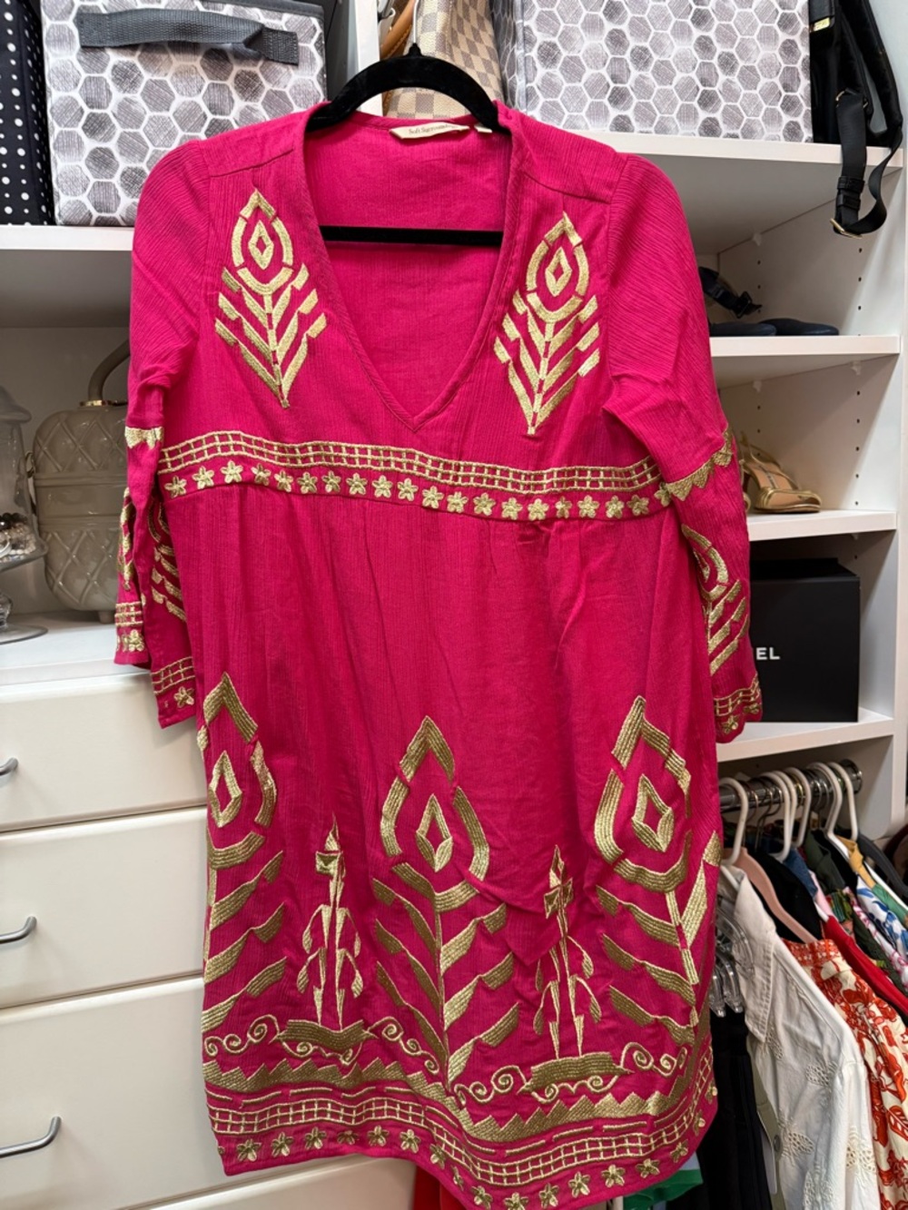 Soft Surroundings Fuchsia Tunic Dress with Gold Embroidery